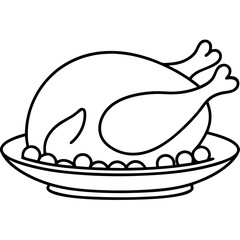 Fototapeta premium Roasted turkey silhouette on platter with vegetables. Thanksgiving line art illustration of roasted turkey, garnished with peas and carrots, served on a platter.