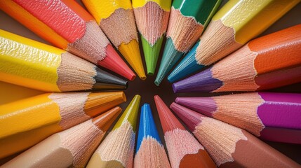 A circular arrangement of sharpened colored pencils with vibrant tips pointing inward on a dark background.