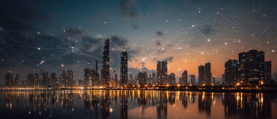 Urban skyline at night network connections cityscape