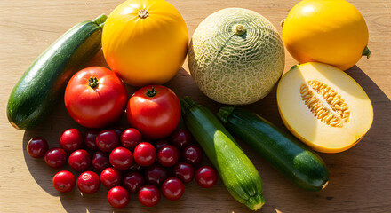 Fresh Summer Produce: Colorful Melons, Tomatoes, Zucchini, and Cherries