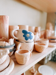 Unique handmade ceramics displayed on a wooden shelf in a cozy pottery studio