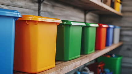 Colorful recycling bins neatly arranged on wooden shelves in a storage area, promoting organized waste separation and environmental responsibility.