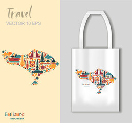 Colorful vector map of Bali with traditional culture icons animals temples and nature in flat style. Includes tote bag mockup. Perfect for travel prints souvenirs tourism gifts and Indonesian design p