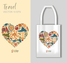 Vector illustration of Sicily icons in heart shape and tote bag mockup perfect for travel prints souvenirs gifts and Mediterranean design projects