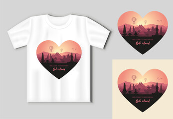 Romantic Bali island sunset landscape vector in heart shape with realistic t shirt mockup perfect for travel prints souvenirs gifts and Indonesian design projects