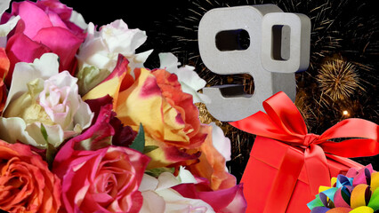 Birthday card  in numbers , roses, gift, fireworks light sky. Age is 90