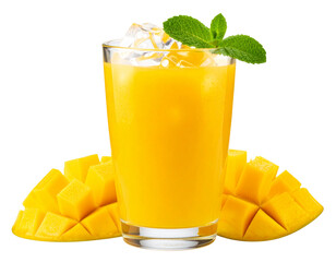Tall Glass of Fresh Homemade Mango Juice with Ice and Mint, isolated on transparent background.