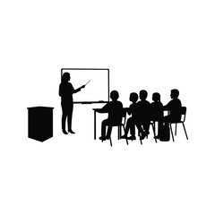 Silhouette of teacher giving presentation to students in classroom whiteboard lesson education