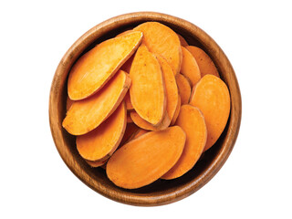 sweet potato Sliced wooden bowl top view isolated on transparent background
