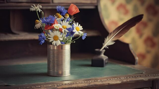 Rustic still life wildflowers quill pen and vintage desk