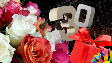Birthday card  in numbers , roses, gift, fireworks light sky. Age is 30