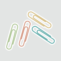 Colorful Paper Clips Vector Illustration Sticker. A vibrant vector illustration featuring four colorful paper clips in green, orange, yellow, and blue, arranged on a light gray background