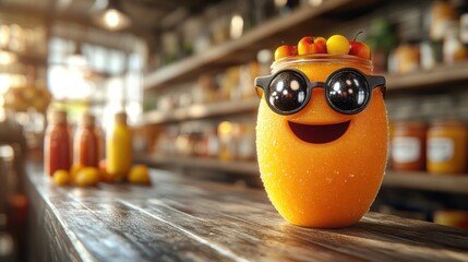 Obraz premium Happy orange juice jar with sunglasses on a bar counter in a cafe.