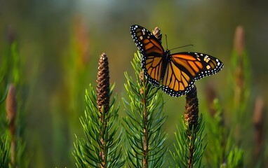 Fototapeta premium Monarch Butterfly on Pine Tree Branch Closeup