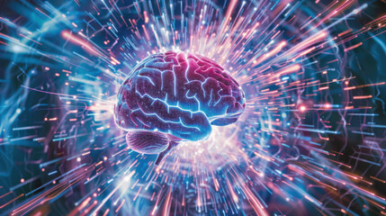 holographic representation of a human brain with AI-enhanced neural pathways