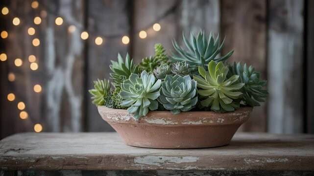 Rustic succulent arrangement in terracotta pot soft lighting wooden background