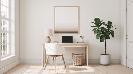 Modern Minimalist Home Office Workspace featuring a light wood desk, comfortable chair, and a large fiddle leaf fig plant, ideal for productivity and relaxation.