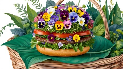Floral Burger Stack in Woven Basket and Natural Background