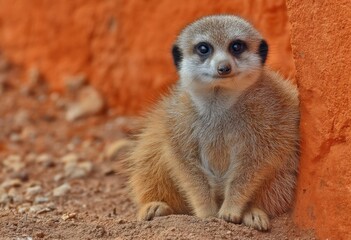 Fototapeta premium Adorable young meerkat sitting on ground next to orange wall in natural desert habitat with curious expression and alert posture
