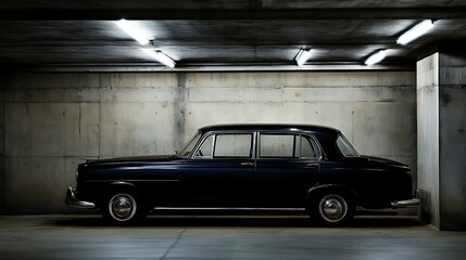 A stylish black sedan with tinted windows parked alone in a shadowy underground garage with concrete walls.