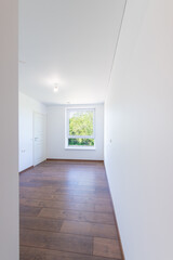 Bright Minimalist Interior with Wooden Flooring and Large Window Overlooking Nature