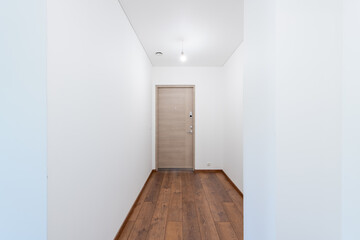 Minimalistic Interior Home Entrance with Wooden Door and White Walls