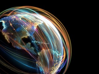 Digital Earth with Colorful Light Trails Representing Global Data Flow and High-Speed Connectivity.