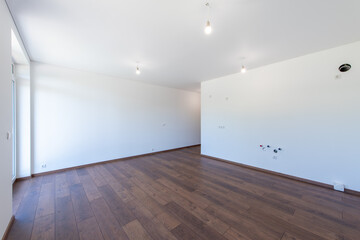 Minimalist Interior with Wooden Flooring and White Walls in Bright Empty Room