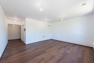 Minimalist Interior with Wooden Flooring and White Walls in Bright Empty Room