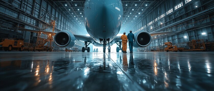 Technicians performing aircraft maintenance examine the fuselage of an aircraft in the hangar.