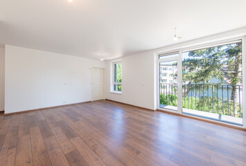Spacious Modern Living Room Interior with Hardwood Floors and White Walls