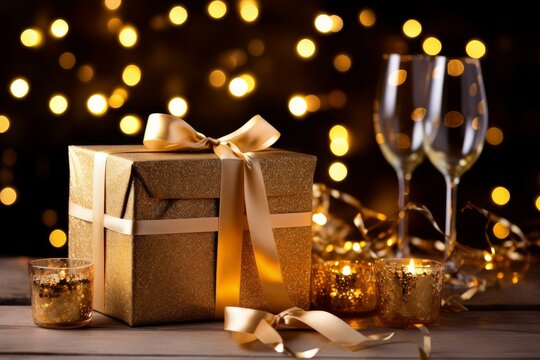 Golden gift box with a ribbon next to two wine glasses and candles, creating a warm christmas atmosphere