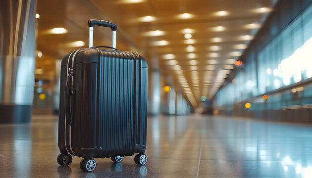 Modern black carry-on luggage suitcase with wheels in airport terminal hallway