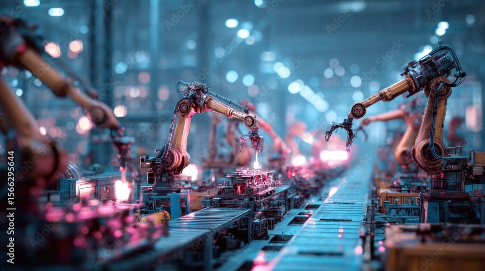 Poster automated assembly line industrial robots at work high tech manufacturing process