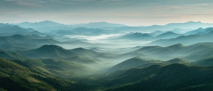Misty mountain landscape at sunrise serene panoramic view