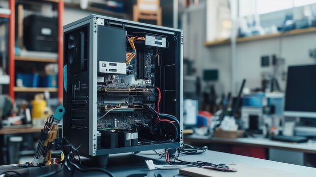 Open computer case on a desk in a workshop, showing internal components and tools nearby for repair or assembly.