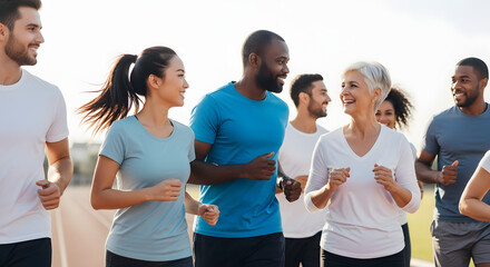 Diverse group of people jogging together outdoors, enjoying a healthy lifestyle.
