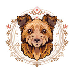 Cute dog illustration featuring a friendly expression with intricate decorative elements in a soft color palette. PNG image, transparent background