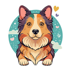 Cute corgi with colorful fur and playful background in a whimsical illustration. PNG image, transparent background