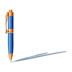 Modern blue pen casting a shadow on a white background, highlighting its sleek design and vibrant color details. PNG image, transparent background