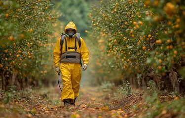 Naklejka premium A farmer wearing a safety gear is sprinkling insecticide on plants in an orchard.