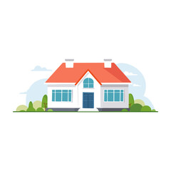 Charming house with red roof and blue door surrounded by greenery in a serene setting during daylight. PNG image, transparent background