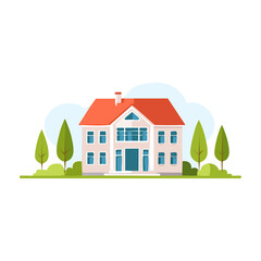 Modern house illustration surrounded by trees and greenery in a serene outdoor setting. PNG image, transparent background