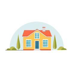 Bright yellow house with red roof surrounded by green trees and bushes in a sunny landscape. PNG image, transparent background