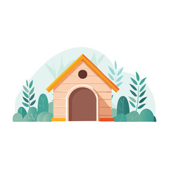 Colorful wooden dog house surrounded by green plants in a serene outdoor setting during daytime. PNG image, transparent background