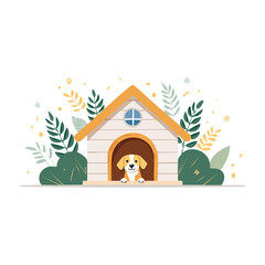 Cute dog peeking out from a colorful doghouse surrounded by plants in a playful outdoor setting. PNG image, transparent background