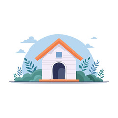 Modern dog house nestled in greenery with a soft blue sky and white clouds on a sunny day. PNG image, transparent background