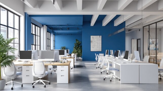Modern office interior design bright workspace with blue walls and open plan layout - Powered by Adobe