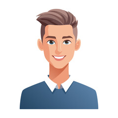 Portrait of a young man smiling wearing a blue sweater with a white collar in a light background. PNG image, transparent background