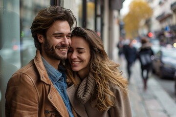 Obraz premium Young couple laughing and embracing on a city street in autumn